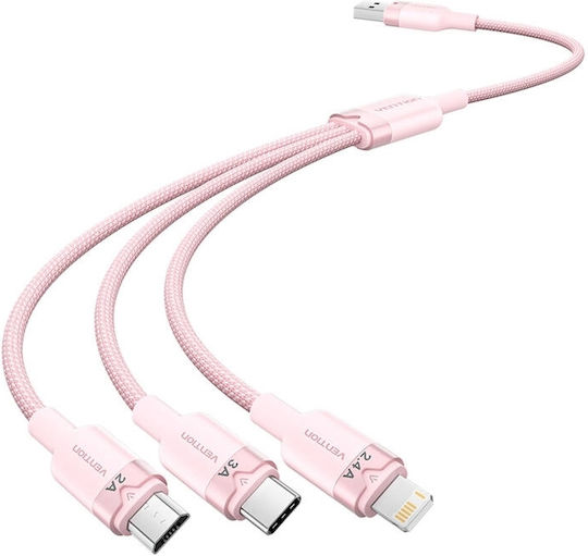 Vention Geflochtenes USB-zu-Lightning / Typ-C / Micro-USB Kabel 2A Rosa 1,5m CTPPG