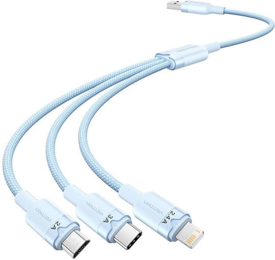 Vention Braided USB to Lightning Type-C micro USB Cable 2A Blue 1.5m