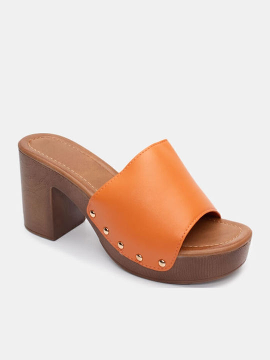 Mules with Chunky High Heel in Orange Color
