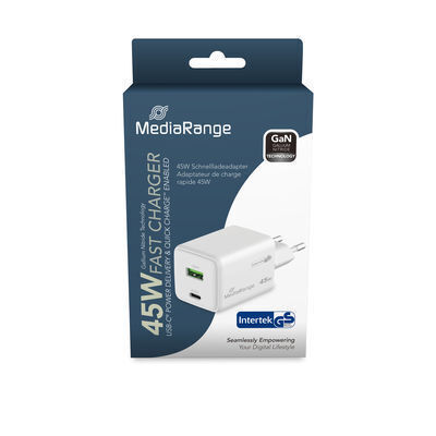 MediaRange Charger Without Cable GaN with USB-A Port and USB-C Port 45W Power Delivery Whites (MRMA113-2)