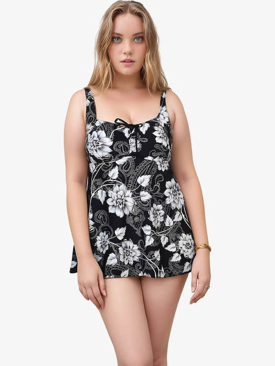 Tankini Swimsuit With Light Padding Floral Black