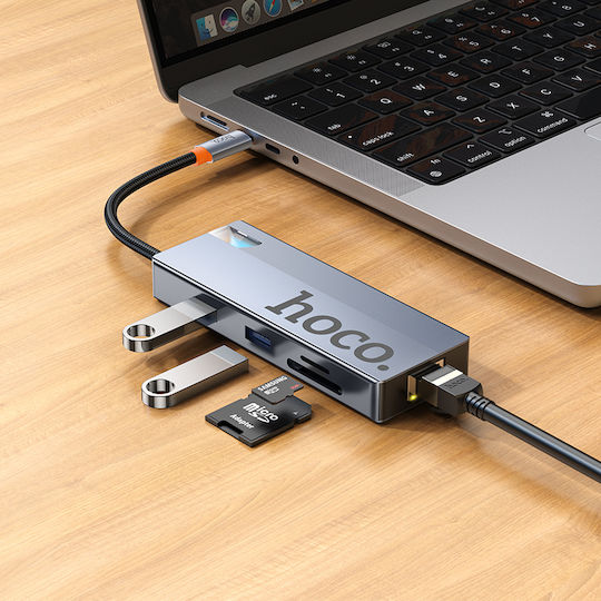 Hoco HB52 Wow USB-C Докинг станция с HDMI 4K PD Етърнет Сив