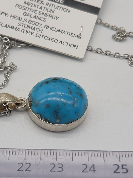 Necklace with Genuine Semi-Precious Turquoise Stone Bezel Silver Steel Chain