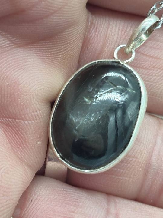 Unisex-Halskette mit Halbedelstein-Diopsid Silber 925 Fassung Stahlkette