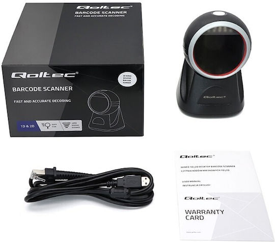 Qoltec Фиксиран скенер С кабел с Възможност за Четене на 2D и QR Баркодове