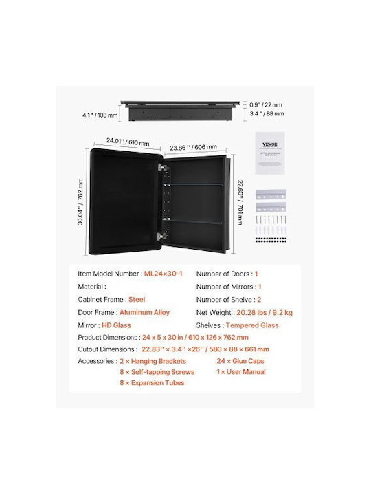 Vevor Badezimmerspiegel aus Edelstahl mit Regal & Schrank 60.96x76.2cm