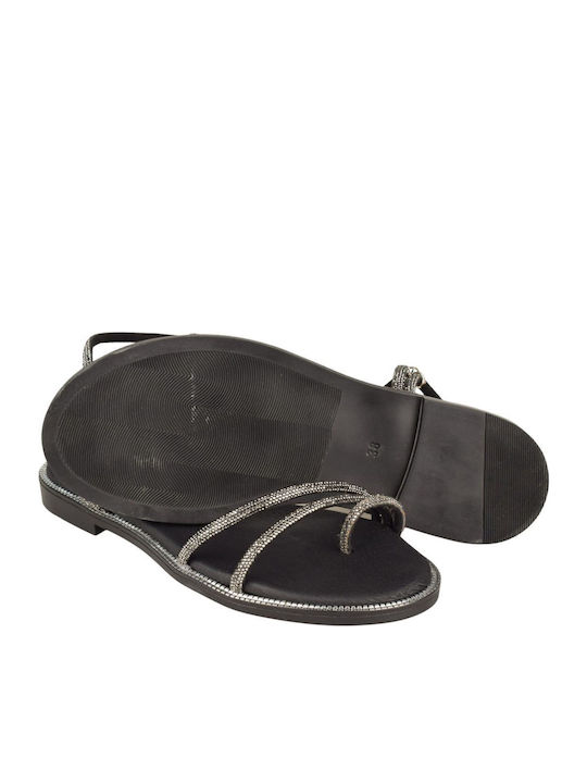 Leather Women's Flat Sandals in Black Color