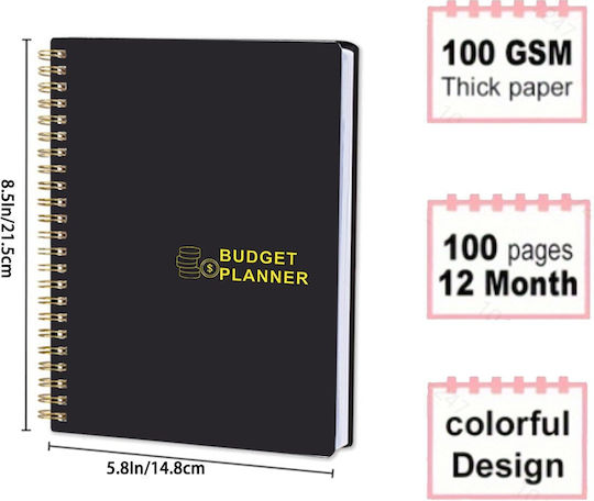 Undated Budget Planner Spiral-bound Plastic Cover Bullet Journal Style Monthly Organization In English A5 Black