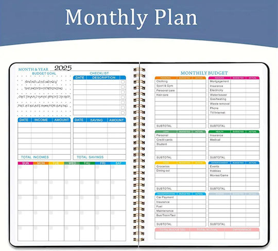 Undated Budget Planner Spiral-bound Plastic Cover Bullet Journal Style Monthly Organization In English A5 Black