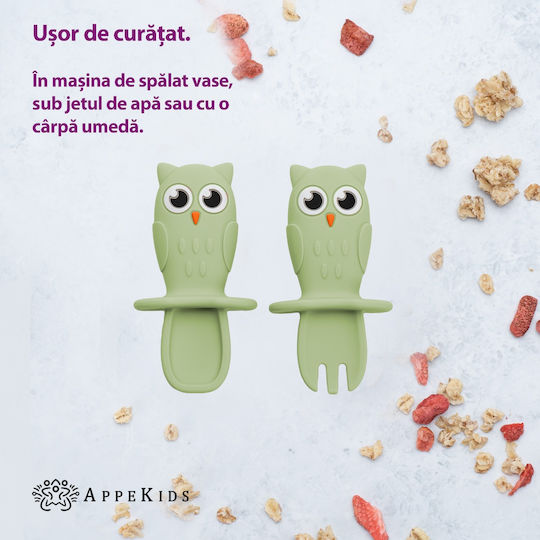 AppeKids Baby Cutlery Set with Temperature Indicator made of Silicone for 6+ months Green 2pcs