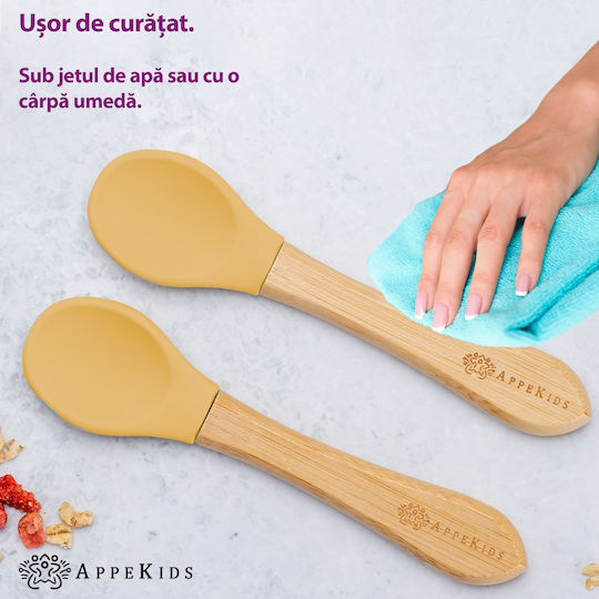 AppeKids Σετ Βρεφικά Μαχαιροπίρουνα με Ένδειξη Θερμοκρασίας από Bamboo για 6+ μηνών Μπεζ 2τμχ