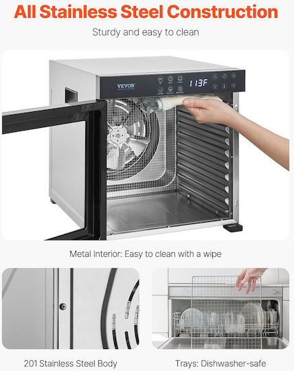 Mașină de deshidratare a alimentelor Vevor cu 10 tăvi din oțel inoxidabil 1000W pentru uscarea fructelor și a cărnii uscate