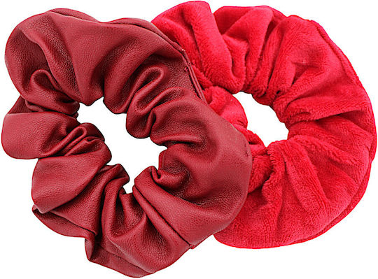 Scrunchie Mαλλιών Βυσσινί Δερματίνη & Βελουτέ 2τμχ 4omo218