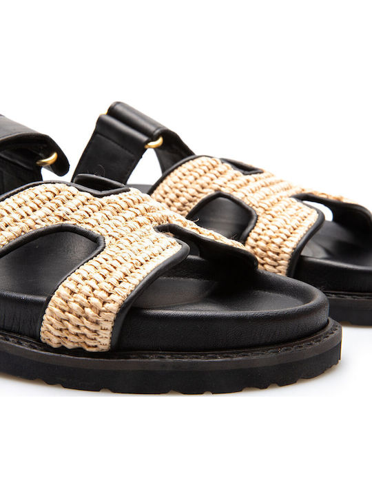 Leather Women's Flat Sandals Black Raffia