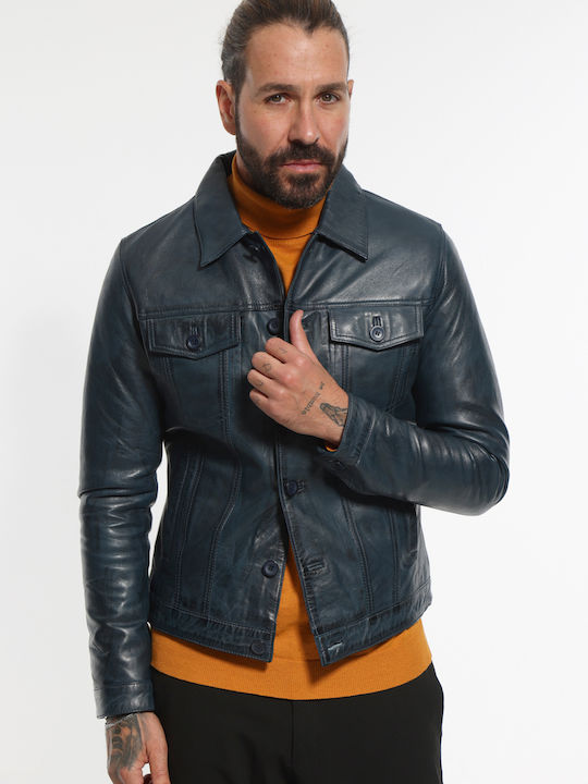 Ανδρικό Δερμάτινο Μπουφάν Κουμπιά Μπλέ Denim Code 2558 Denim