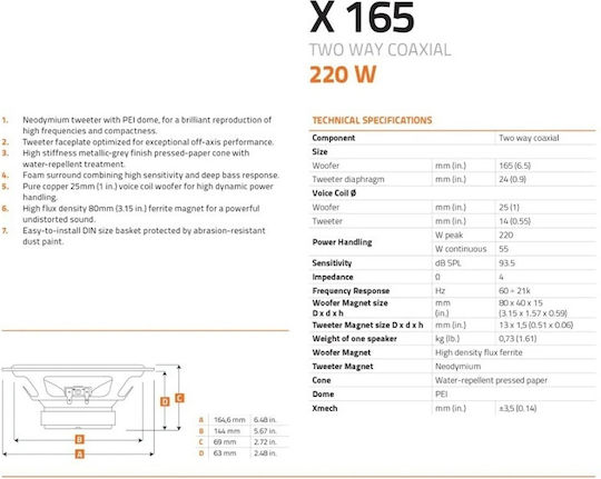 Ηχεία Αυτοκινήτου Hertz Uno X165 6.5" 165mm 55w Rms 220w Peak 2 Δρόμων Ζευγάρι 2 Τεμάχια