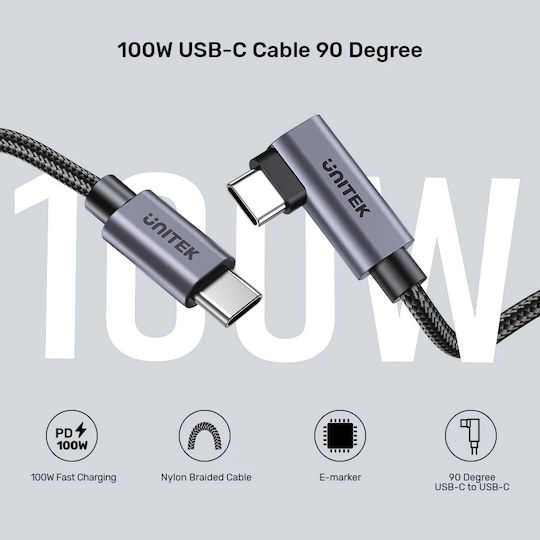 Unitek Angle (90°) USB 2.0 Cable USB-C Male - USB-C 100W PD Black 3m C14123BK-3M