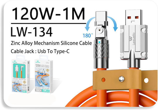 Leewello LW-134 Angle (90°) USB 2.0 Cable USB-C Male - USB-A 120W PD Orange 1m
