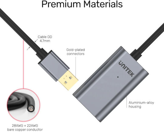 Unitek 20m USB 2.0 Cable A-Male to A-Female Gray (Y-274)