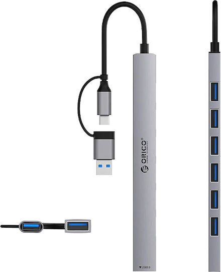 Orico Хъб 7 Порта USB 3.0 с Връзка USB-A / USB-C Сив