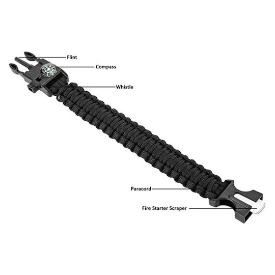 Paracord Bracelet Flint Whistle Survival Bracelet with Knife Compass Whistle and Black Rope
