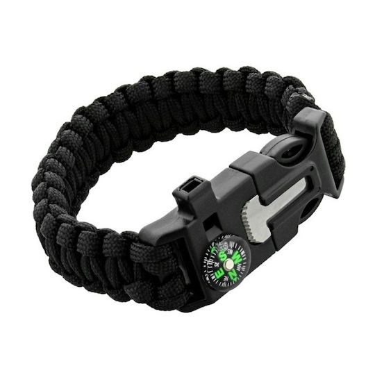 Paracord Bracelet Flint Whistle Survival Bracelet with Knife Compass Whistle and Black Rope
