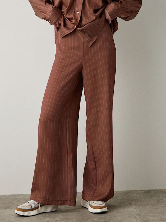 Women's Fabric Trousers with Elastic in Regular Fit Striped Chocolate