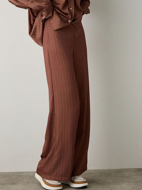 Women's Fabric Trousers with Elastic in Regular Fit Striped Chocolate