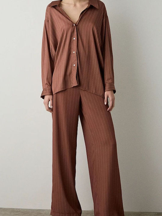 Women's Fabric Trousers with Elastic in Regular Fit Striped Chocolate