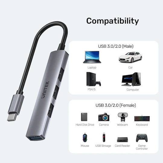 Unitek Hub 3 Θυρών USB 2.0 με σύνδεση USB-C Γκρι