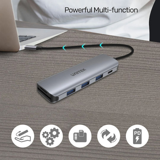 Unitek USB Hub 5 Ports USB 3.2 with USB-C Connecting to a Computer Gray