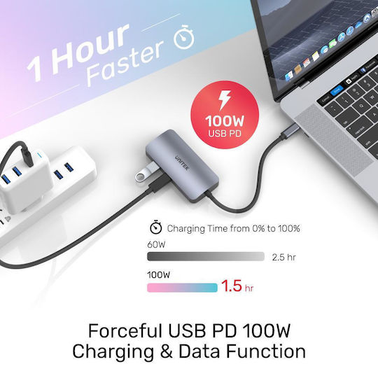 Unitek uHUB P5 Trio USB-C Docking Station with HDMI 4K PD and Connection for 3 Grey Monitors