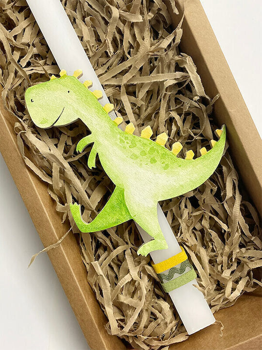 Dinosaur Hand-Painted Wooden Easter Candle White Wax 1 Piece