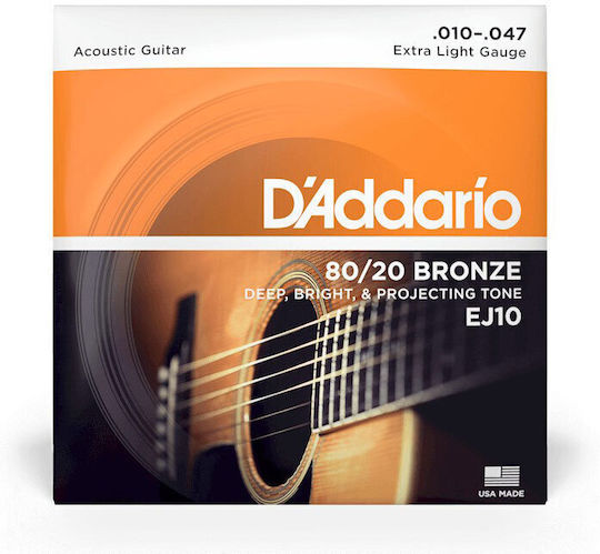 Daddario 80/20 Bronze Set of 80/20 Bronze Acoustic Guitar Strings 10 - 47 Extra Light Set