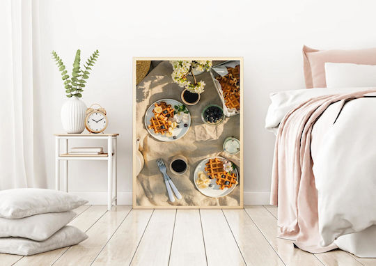 Πίνακας Waffles Coffee On A Linen Table Βάφλες Καφές Λινό Τραπέζι 80x120