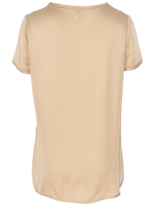 Women's Blouse Satin Short Sleeve Beige
