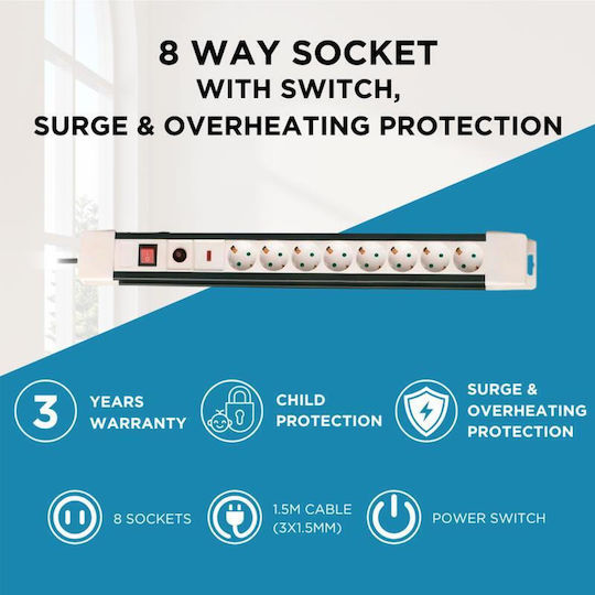 GSC Power Strip with Surge Protection 8 Positions with Switch and Cable 1.5m
