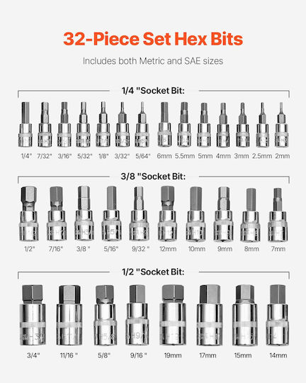 Set de Chei Hexagonale 32 piese S2 Oțel Aliat Cr-v Oțel Standard Sae Metric