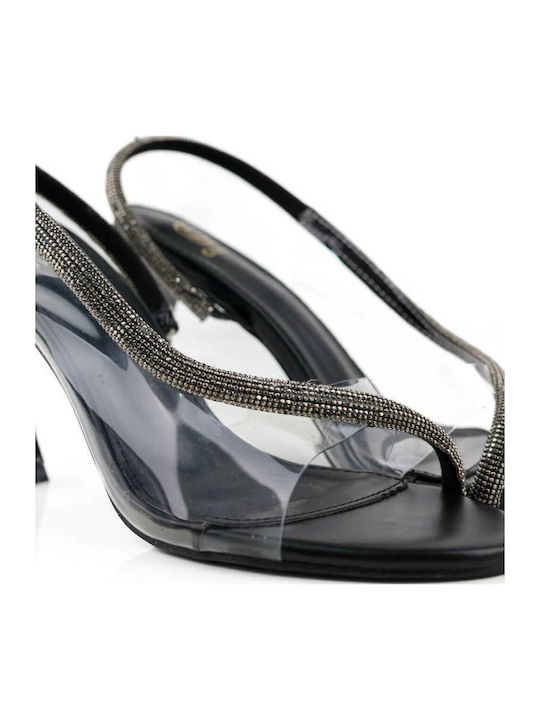 Black Transparent Strappy Sandals with Rhinestones and Modern High Heel