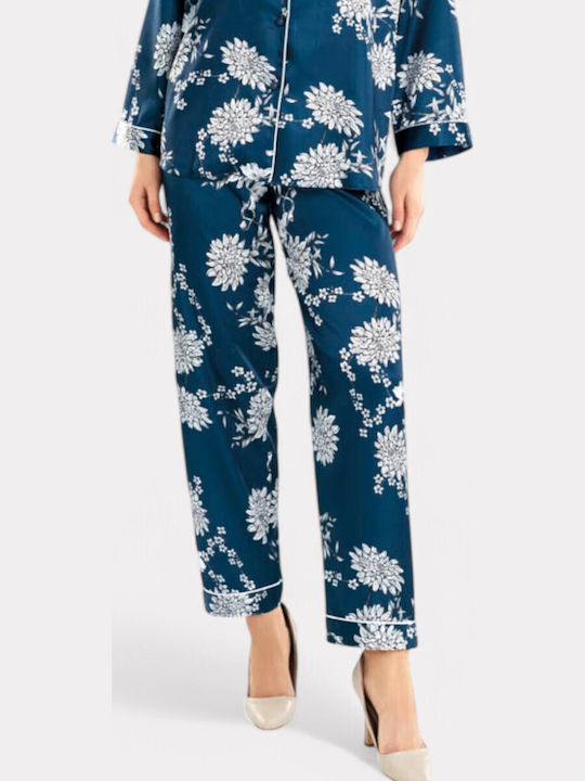 Moongirl Χειμερινό Γυναικείο Σετ Πιτζάμας Σατέν Μπλε Elegant Moongirl Χειμερινό Γυναικείο Σετ Πιτζάμας Σατέν Μπλε Elegant