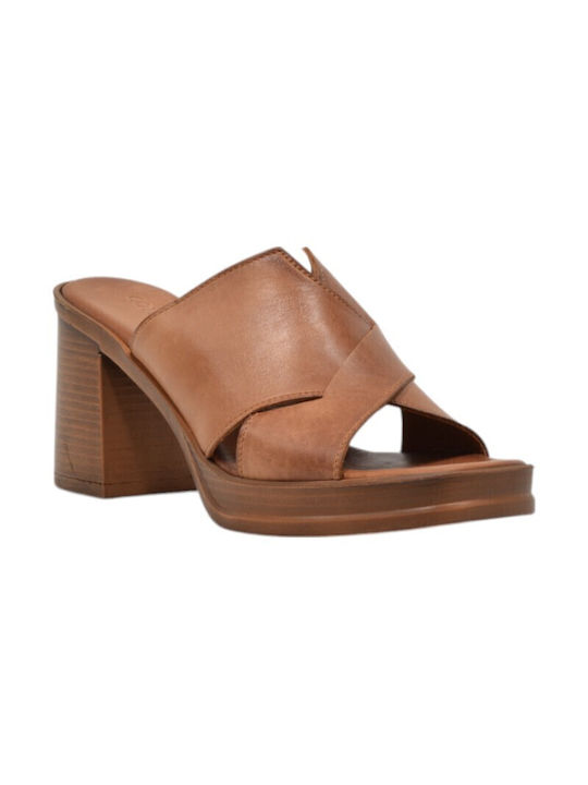 Leather Mules with Chunky Heel in Tabac Brown Color