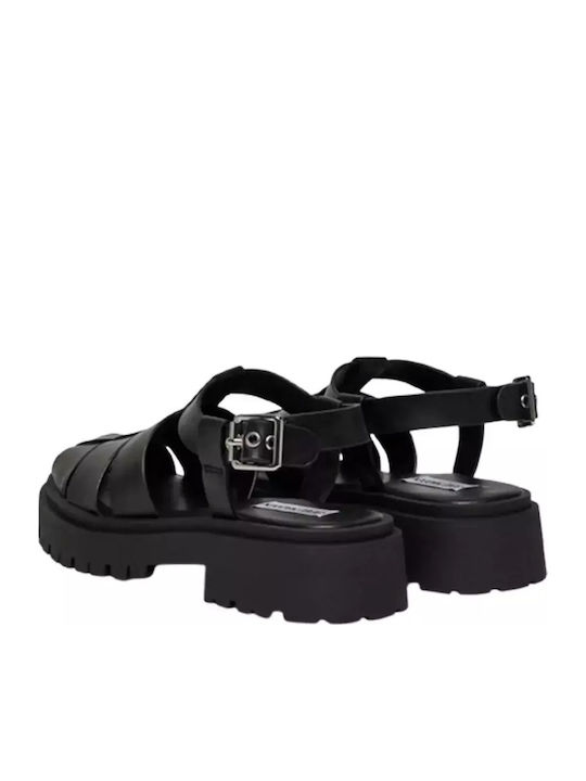 Leather Women's Flat Sandals in Black Color