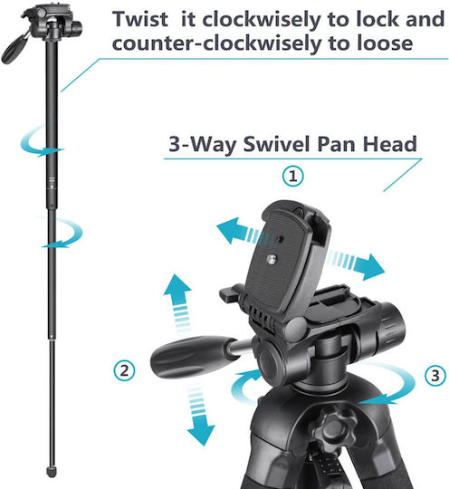 Professional Aluminum Tripod Monopod with Triple Rotation Head Jmary Kp-2274 167 Cm Max – Black