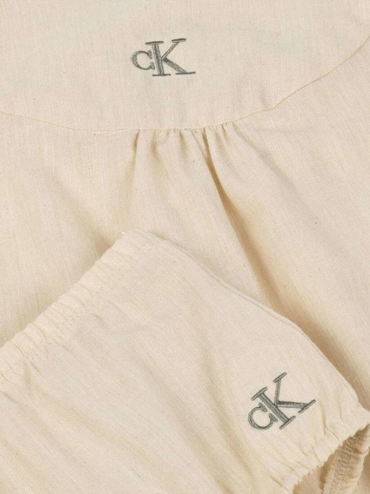 Girls Dress Short Sleeve Linen Set With Panty Oyster Grey