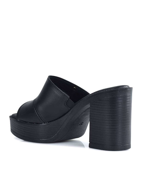 Leather Mules with Chunky High Heel in Black Color