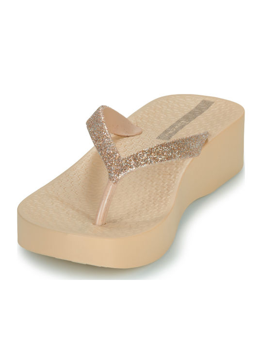 Mesh Flip Flops with Platform in Gold Colour