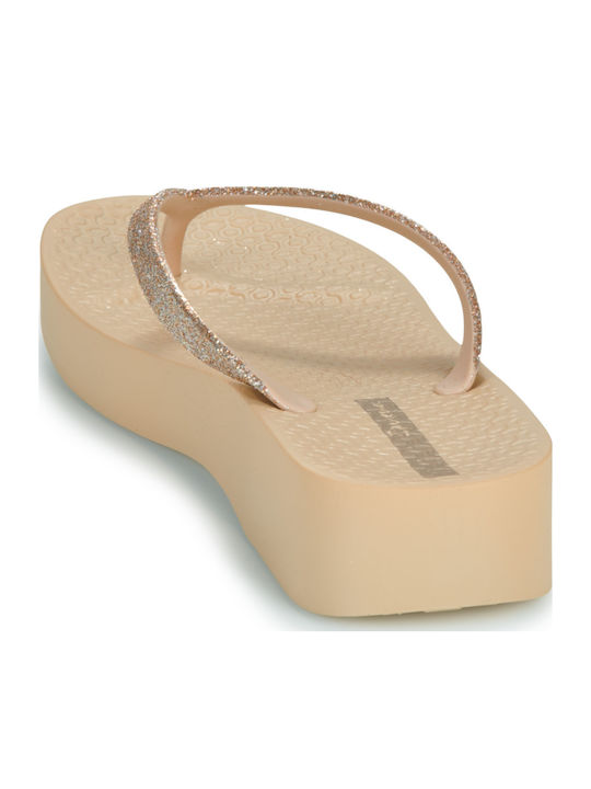 Mesh Flip Flops with Platform in Gold Colour