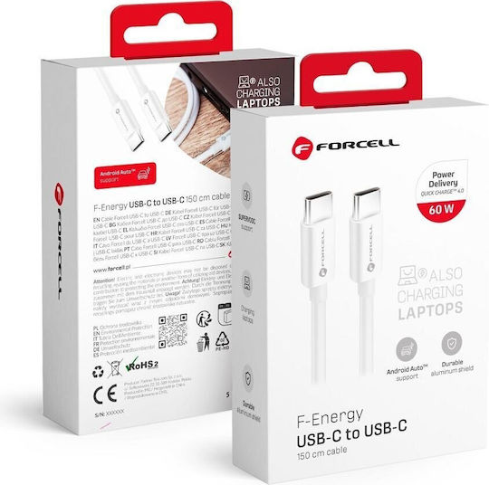 Forcell C338 USB 3.2 Кабел USB-C Мъжки - USB-C 60W Захранване (PD) Бял 1.5м 593920