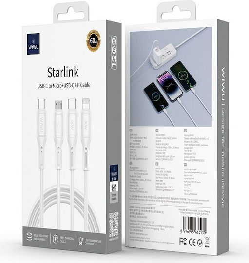Wiwu Data Regular USB to micro USB / Lightning Cable Λευκό 1m