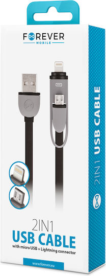Forever Flat Cablu USB la micro USB / Lightning / Type-C cu mai multe porturi 1.5A Negru 1m (T_01626)